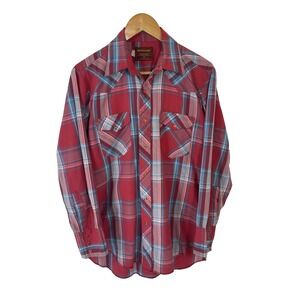 Vtg Rustler XLong Tails Western Shirt 16/32-33 Pearl Button Down Men's Red Plaid